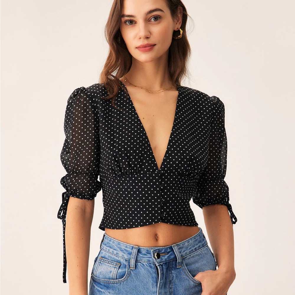 Black V-Neck Polka Dot Blouse - Picture 3 of 6